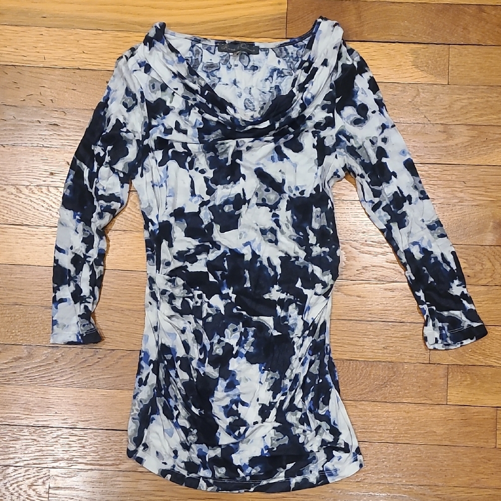 Rose & Olive- Blue, White And Gray Abstract Cowl Neck Blouse Size Small.